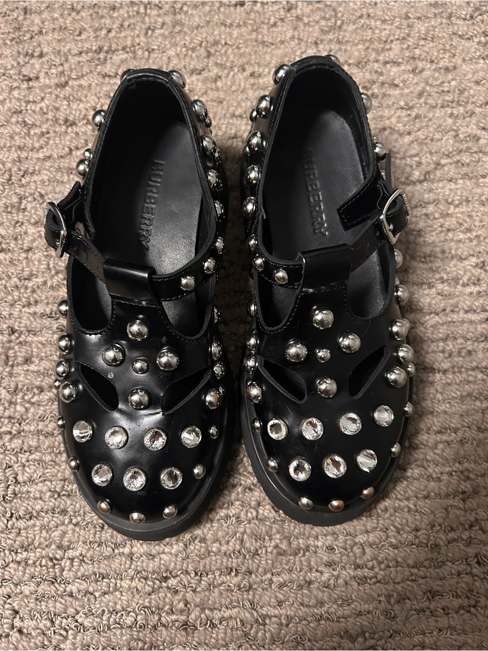 Kids Burberry Black Stud-Embellished Mary Jane Shoes size 30euro